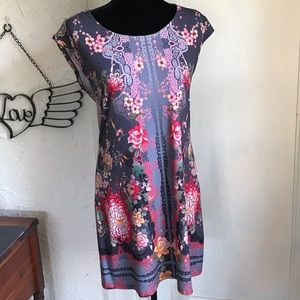 Johnny Was dress mini Anthro gray purple floral